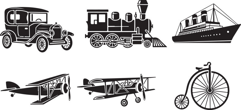 Vintage transportation icons, retro vehicles, antique cars, trains, boats, planes, bicycles, 6 pcs