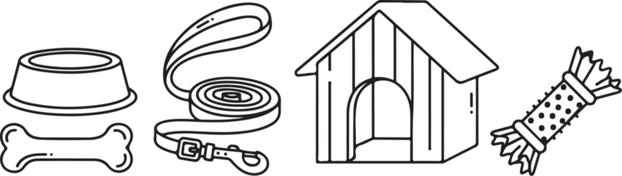 Dog accessories, pet icons, dog house, leash, bowl, bone, vector set