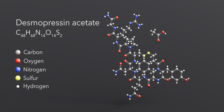 desmopressin acetate molecule 3d rendering, flat molecular structure with chemical formula and atoms color coding