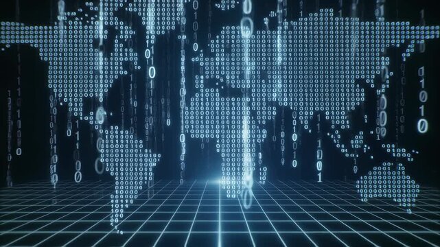 Global Digital Network Connecting World Map with Binary Code Rain and Grid Floor.