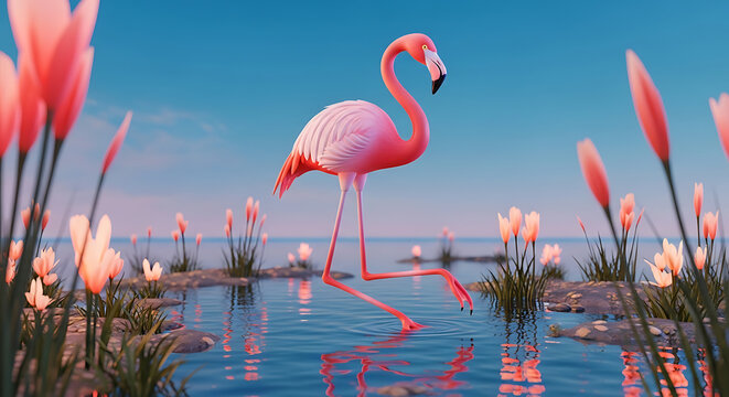 Graceful flamingo wading in calm water with magical light orbs