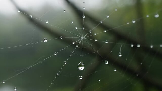 Spiderweb adorned with glistening dew drops in a lush green setting
