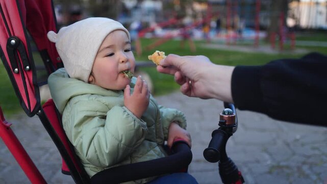Young child eating food from a father's hand