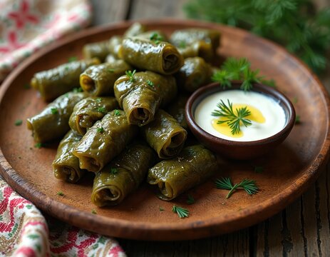 Stuffed grape leaves dolma served with creamy yogurt sauce and fresh dill herb. Traditional Mediterranean appetizer or main dish on rustic wooden plate. Delicious homemade food.