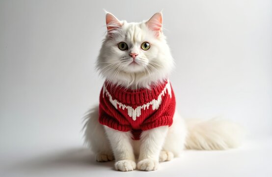 Fluffy white cat wears festive red sweater with white pattern. This cute feline sits calmly indoors against a clean white background, posing for portrait.