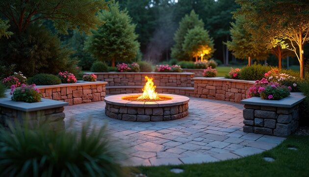 Stone patio with circular fire pit glows warmly at twilight. Landscaped garden features stone walls, rich plants, and ambient lighting for outdoor relaxation.