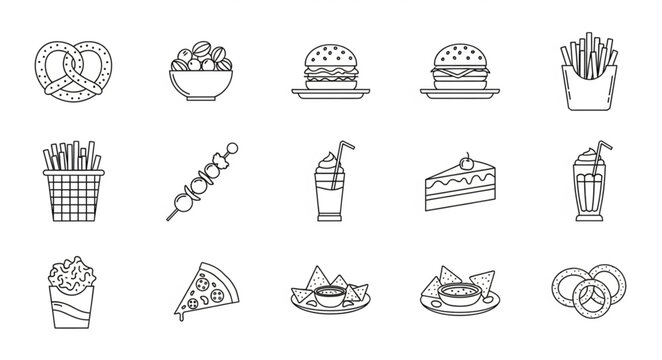 Collection of Fast Food and Snacks Line Art Illustrations.