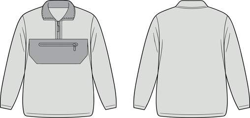 Long sleeve anorak jacket with chest pocket technical vector illustration featuring front and back views, clean outline template for fashion design, apparel mockup © JHURUL