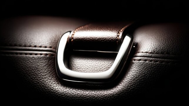Close-up of a silver-plated buckle clasp on a textured leather surface with rich stitching