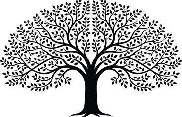 Fototapeta premium Decorative tree silhouette, vector illustration of tree of life with symmetrical branches and foliage, artistic family tree design, flat vector illustration