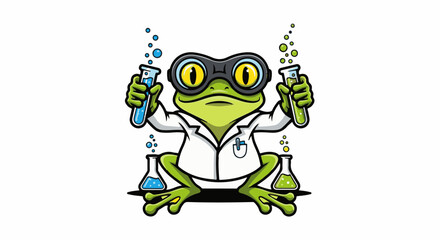 Fototapeta premium A green cartoon frog scientist wears goggles and a lab coat, holding test tubes
