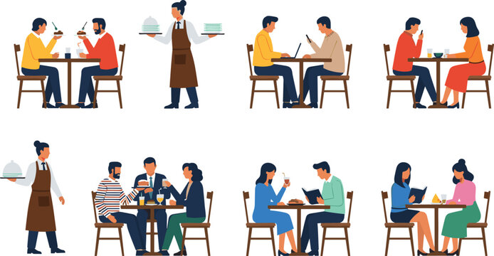 Flat vector illustration set of people sitting at tables eating lunch working on laptops and talking while waiters serve food in cafe restaurant scene.