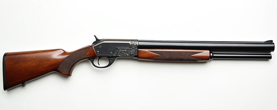 Antique double barrel shotgun side view. Intricate engraving on metal receiver and polished wood stock. Old firearm isolated on white background, classic hunting weapon. Detail shot of vintage gun.