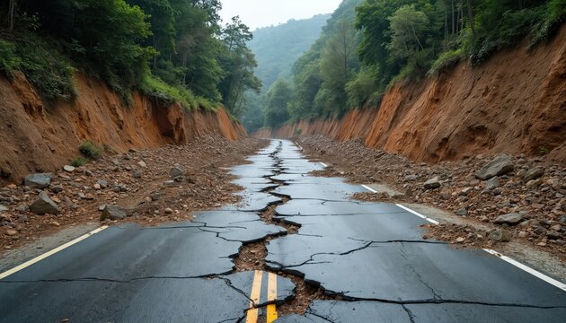 A mountain road is badly broken and cracked due to a severe earthquake. Landslides blocked the cracked asphalt street. Nature caused destruction. Geological cataclysm.