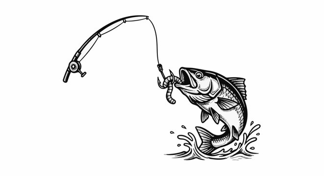 A fish jumps from the water to catch a worm on a fishing hook