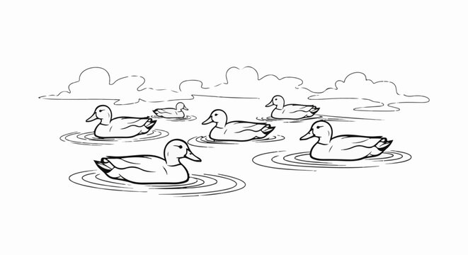 A flock of ducks gracefully glides on rippling water under the clouds