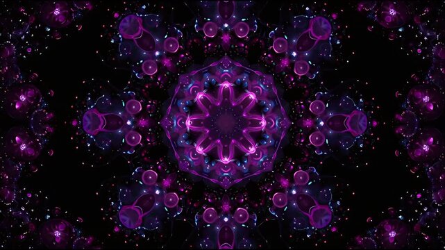 Hypnotic kaleidoscopic fractal pattern in deep purple and pink hues with swirling cosmic dust and luminous particles on a dark background