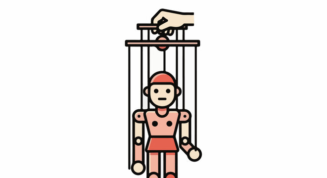 A hand controls a marionette puppet with strings attached