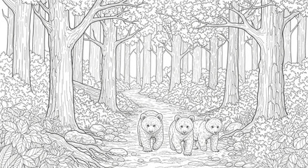 Bear cubs walking through forest path with tall trees and textured ground, scenic composition, intricate line art © MDRAHMET