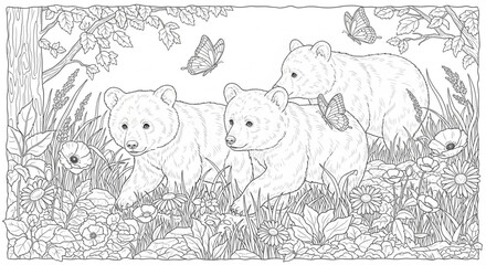 Bear cubs exploring a forest in summertime, walking through tall grass and wildflowers, butterflies flying around, detailed nature scene, black and white coloring page, clean line art, white backgroun © MDRAHMET