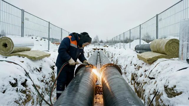 Welder man connecting pipeline sections in snowy trench for city utility infrastructure installation and maintenance