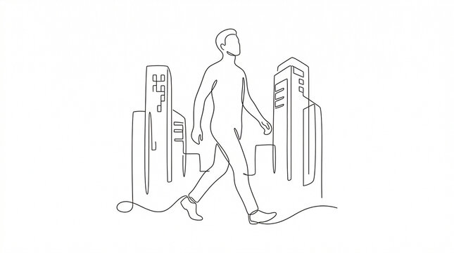 Single continuous line drawing of person walking on urban city street with building skyline &mdash; minimal cityscape and one line art concept