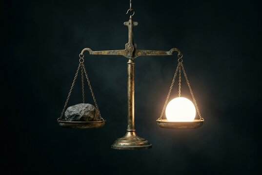 A brass scale perfectly balancing a heavy stone against a weightless glowing orb of pure light. A surreal concept of AI judgment and harmony