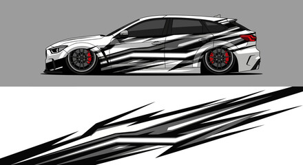 Obraz premium Sleek black and white race car with angular decals and high speed design.