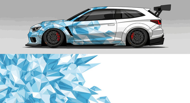 Sleek blue race car with geometric crystal patterns and aerodynamic design for high-speed visuals.