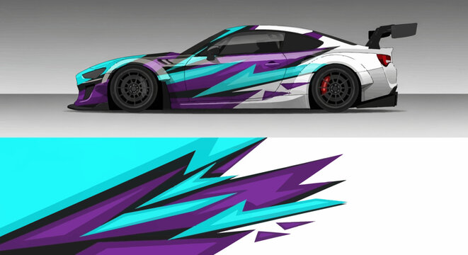 Vibrant abstract sports car with bold cyan purple teal graphics and sleek aerodynamic design.