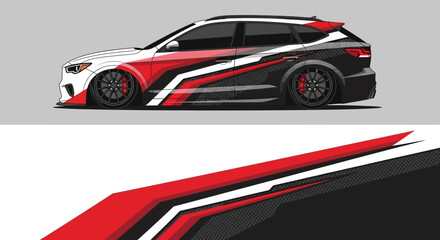 Fototapeta premium Sleek customized race car with bold red and white graphic livery on a neutral gray background.