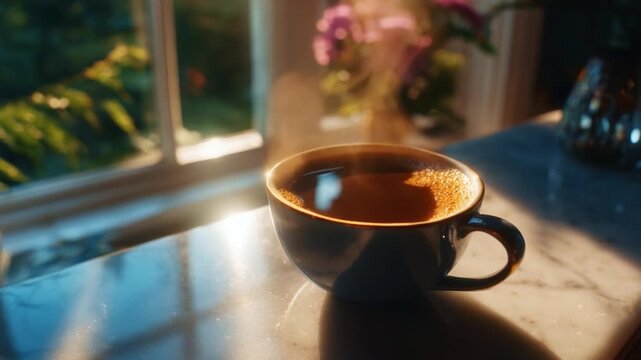 A tranquil morning scene featuring a steaming cup of coffee set on a marble countertop, capturing warm sunlight streaming through a window with floral background.