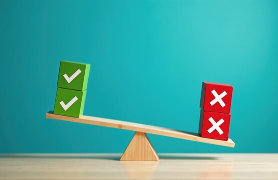 Green blocks with check marks outweigh red blocks with crosses on balancing scale. Evaluation comparison decision making process good outcomes important than bad ones. Represents success, right