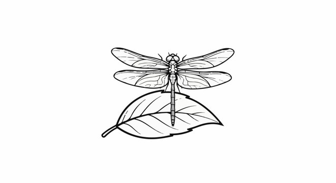 A detailed line drawing of a dragonfly perched on a single, veined leaf