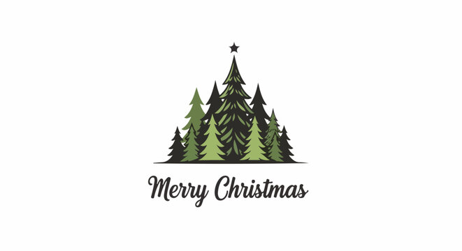 A cluster of evergreen trees adorned with a star on top, with "Merry Christmas" below