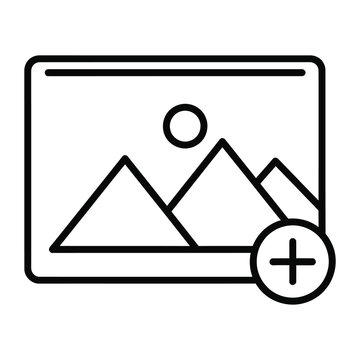 Black line icon of a landscape photo with a plus sign to add image icon
