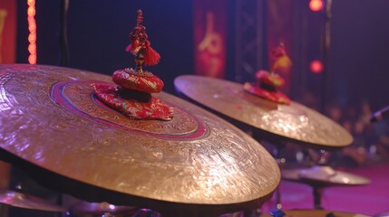Obraz premium Gleaming Golden Cymbals Adorned with Ornate Red Fabric Details, Ready for Traditional Percussion Performance