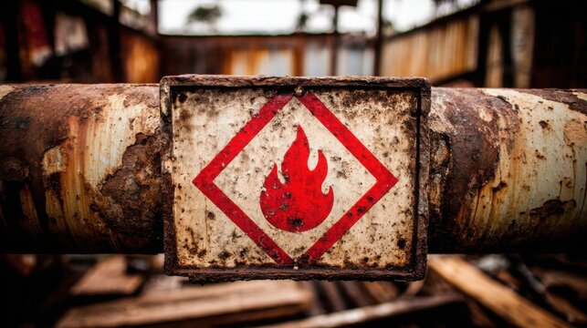 A worn, rusty diamond-shaped hazard symbol indicating flammable liquid danger on aged metal