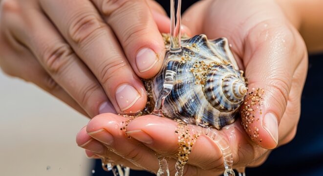 Hands holding seashell with water.