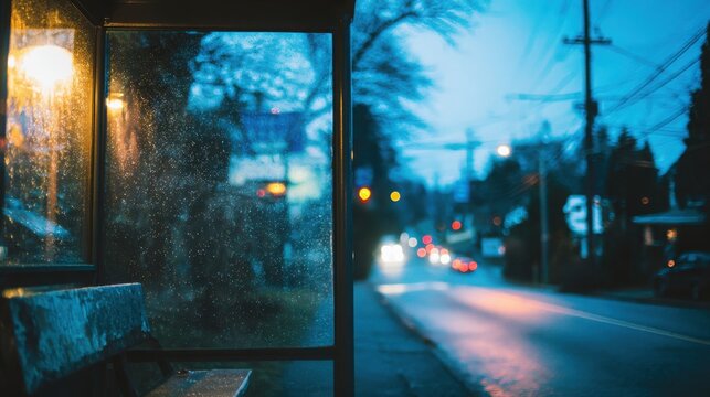 Expansive glass bus stop shelter at night with blurred streetlights and passing traffic, urban transit view.