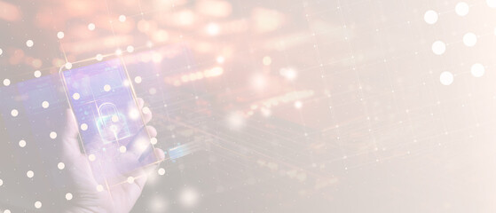 Cybersecurity Concept with Smartphone Lock and Digital Network Background