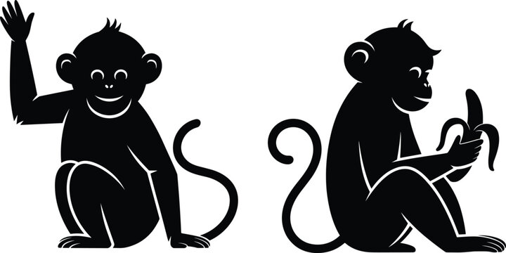 Black monkey silhouette vector set featuring a cute cartoon primate waving hello and another sitting character eating a banana isolated on a white background