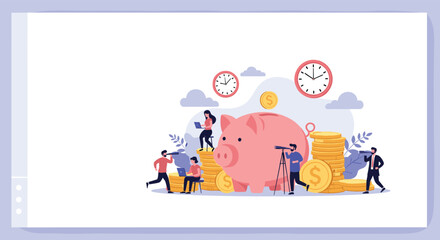 Fototapeta premium Conceptual illustration of a large pink piggy bank surrounded by small people managing coins, clocks, and financial data for savings.