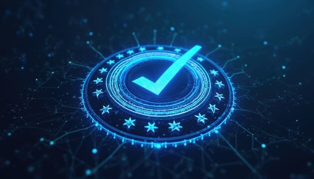 Glowing blue digital badge displays checkmark and stars on dark background. Abstract tech concept signifies approval, quality, and certification for business or web design projects.
