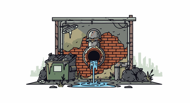 A broken brick wall with a large sewer pipe, overflowing trash, and a puddle