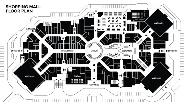 Detailed black and white shopping mall floor plan layout