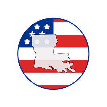 Louisiana state map over USA flag badge. Louisiana state map silhouette overlaid with the United States flag.