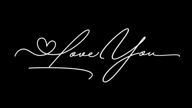 Love you script with heart shape monoline animation on black. Signature handwritten text animation for branding video social media content