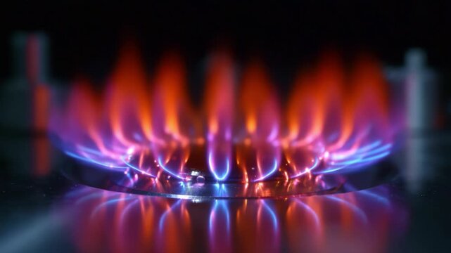 Close-Up of Vibrant Flames Dancing on a Gas Stove, Showcasing Vivid Colors and Dynamic Motion in a Controlled Environment