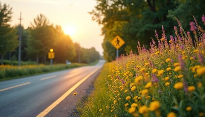 Obraz premium Roadside wildflowers bloom beside a rural highway. A pedestrian crossing sign warns drivers. Sun sets over the tranquil landscape, casting a warm glow.